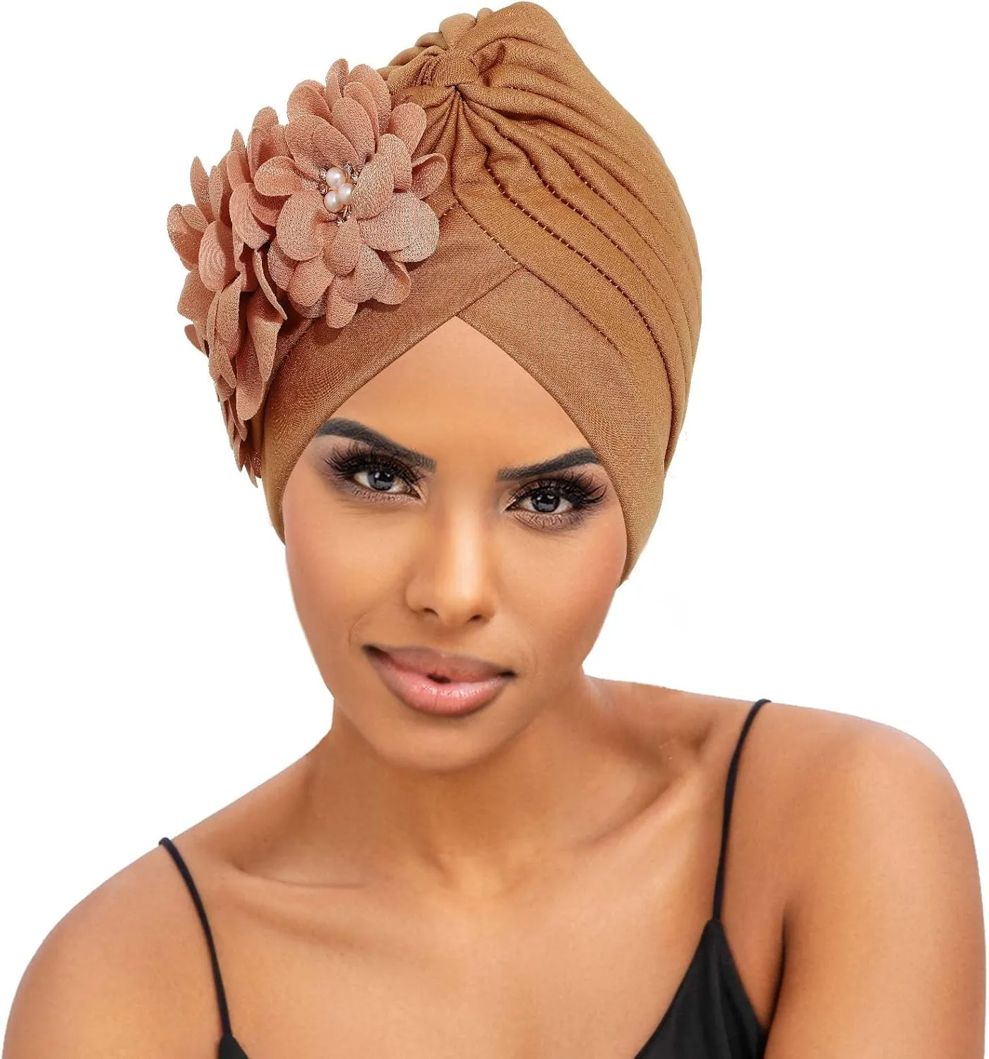 HeadWrap Hair Turbans African Turban Flower Pearl Crystal Twisted Head Turban for Women Fashion