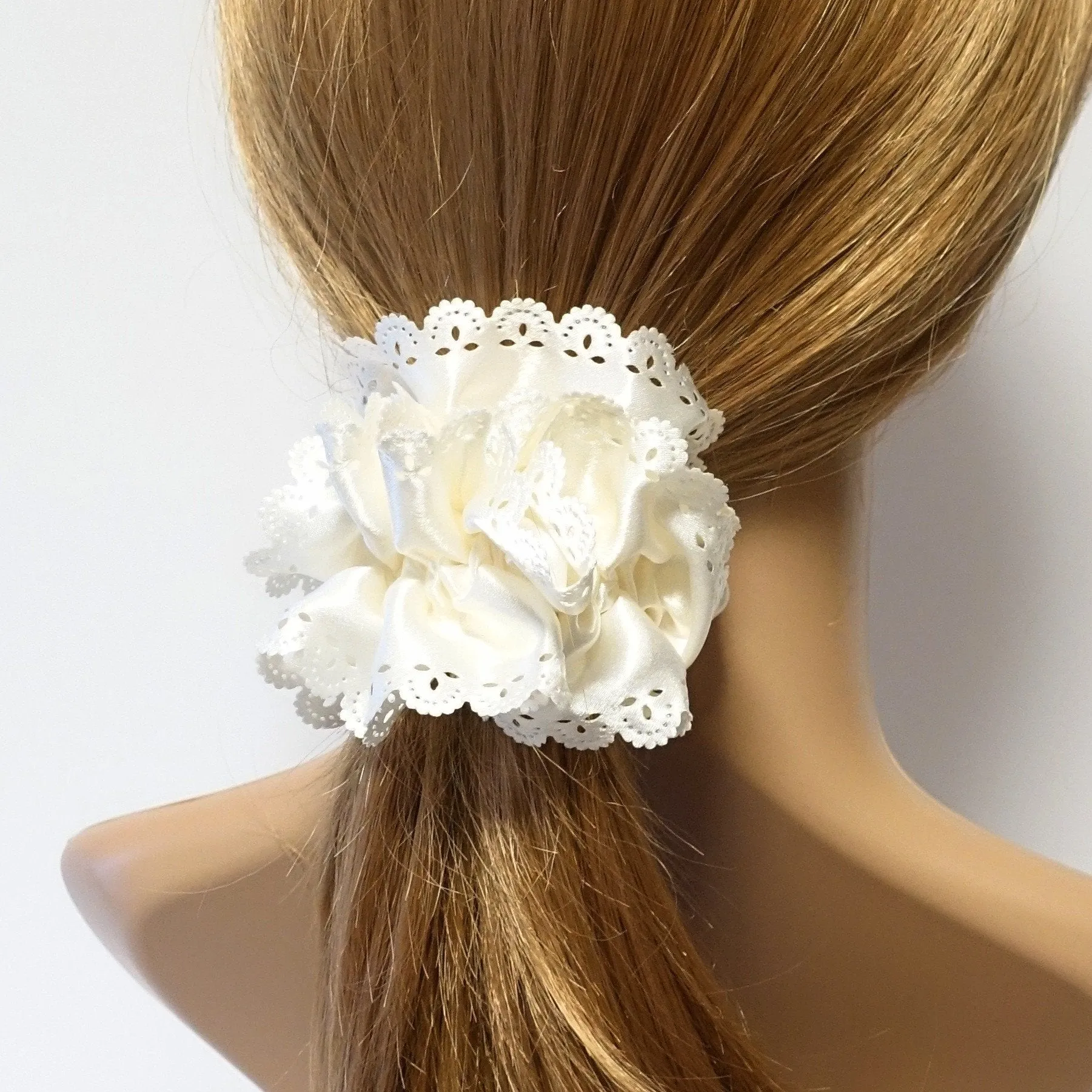 Lace Trim Satin Scrunchies Women Hair Accessory