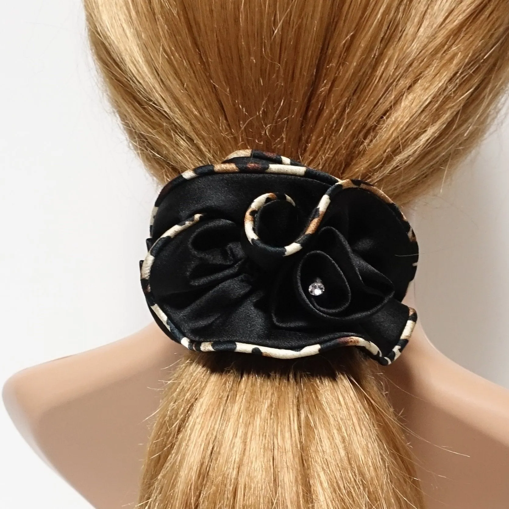 leopard edge satin scrunchies flower decorated hair elastic scrunchy woman hair accessory