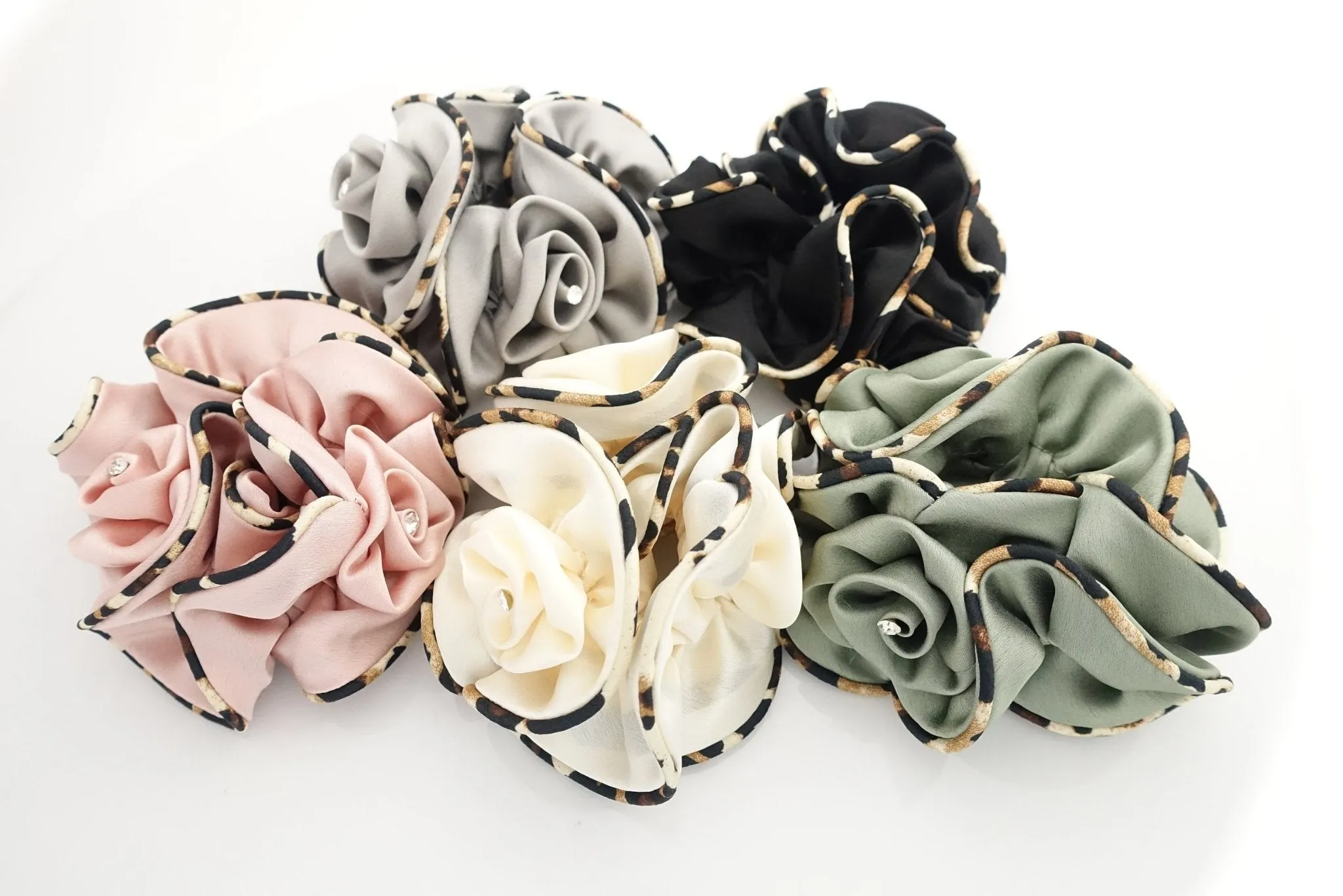 leopard edge satin scrunchies flower decorated hair elastic scrunchy woman hair accessory