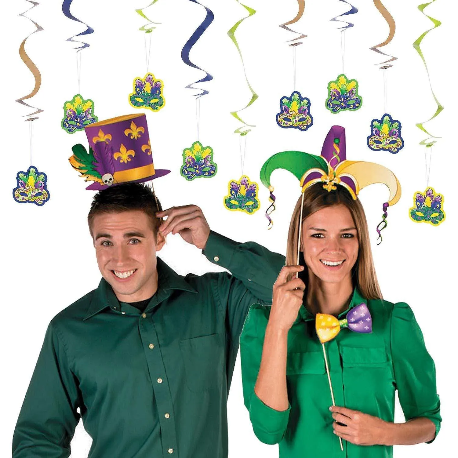Mardi Gras Photo Booth Set - Complete Selfie Station with Mask Props and Hanging Swirl Backdrop Party Decorations (24 pieces)