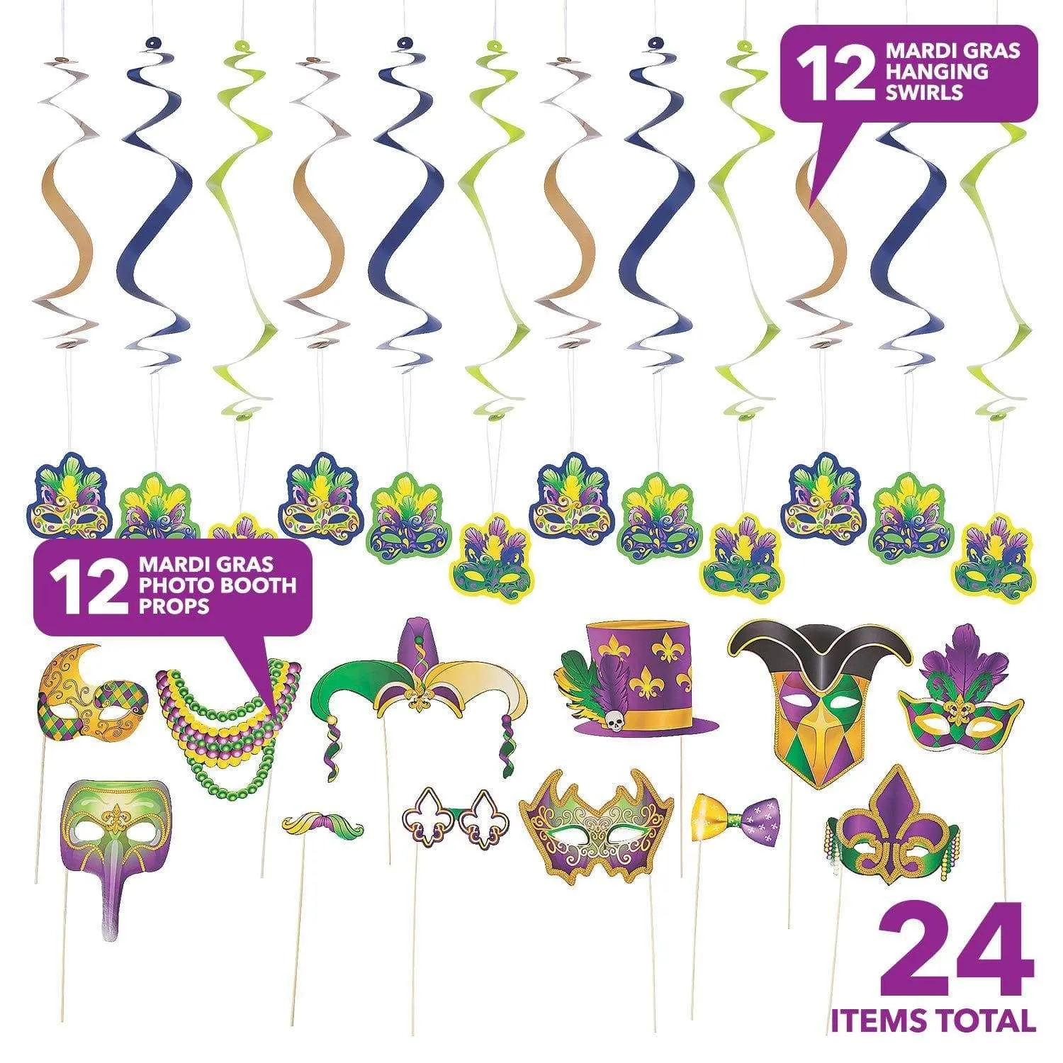 Mardi Gras Photo Booth Set - Complete Selfie Station with Mask Props and Hanging Swirl Backdrop Party Decorations (24 pieces)