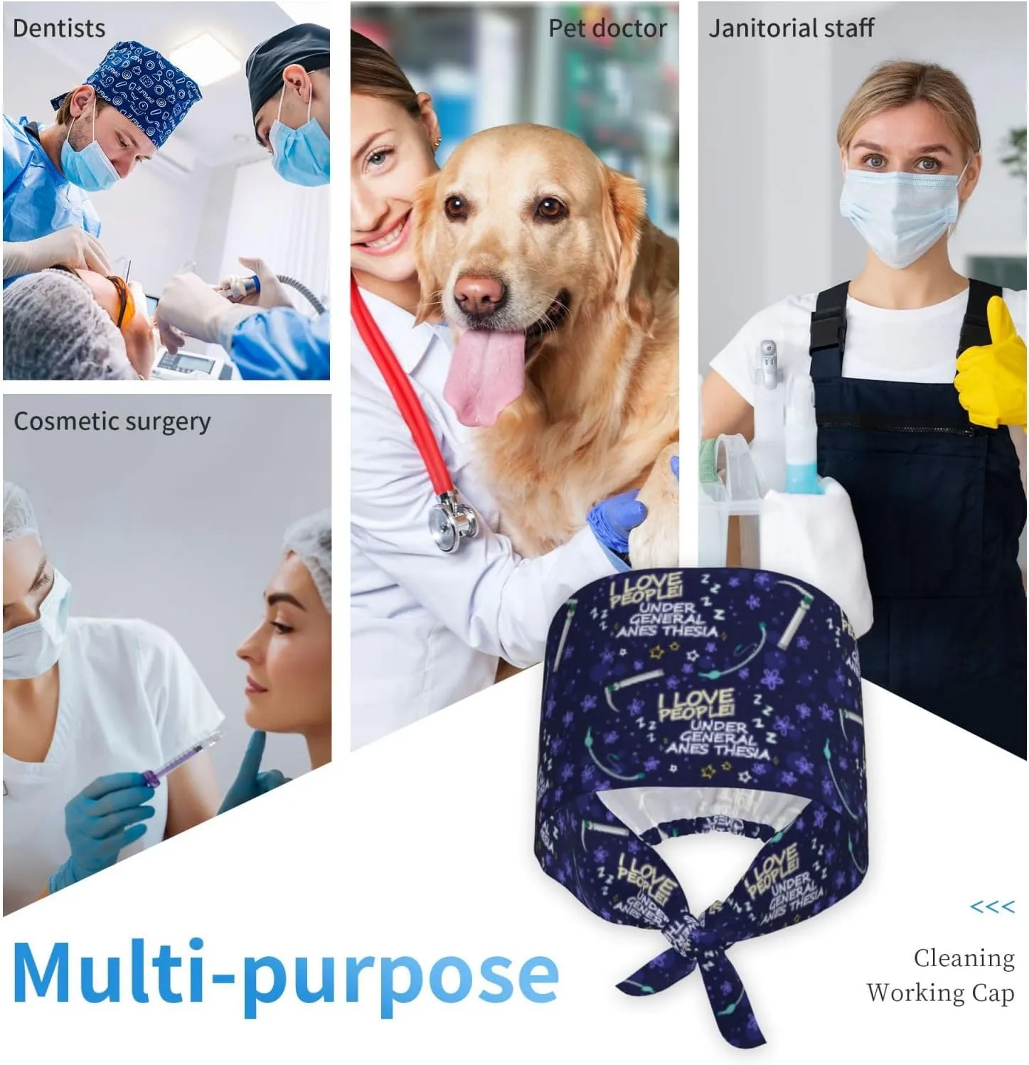 Medical and Health Care Working Caps with Sweatband Adjustable Tie Back Hat Headgear Beanie