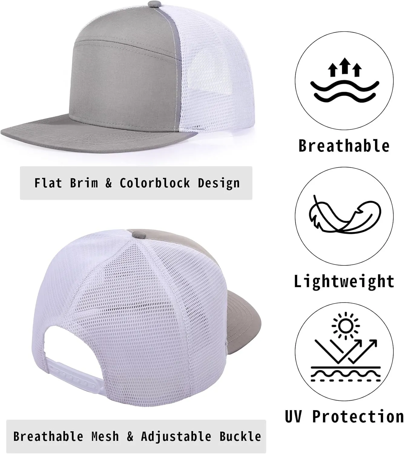 Men Flat Brim Adjustable Snapback Trucker Hat 6 Panel Camper Style Hat Blank Mesh Back Baseball Cap