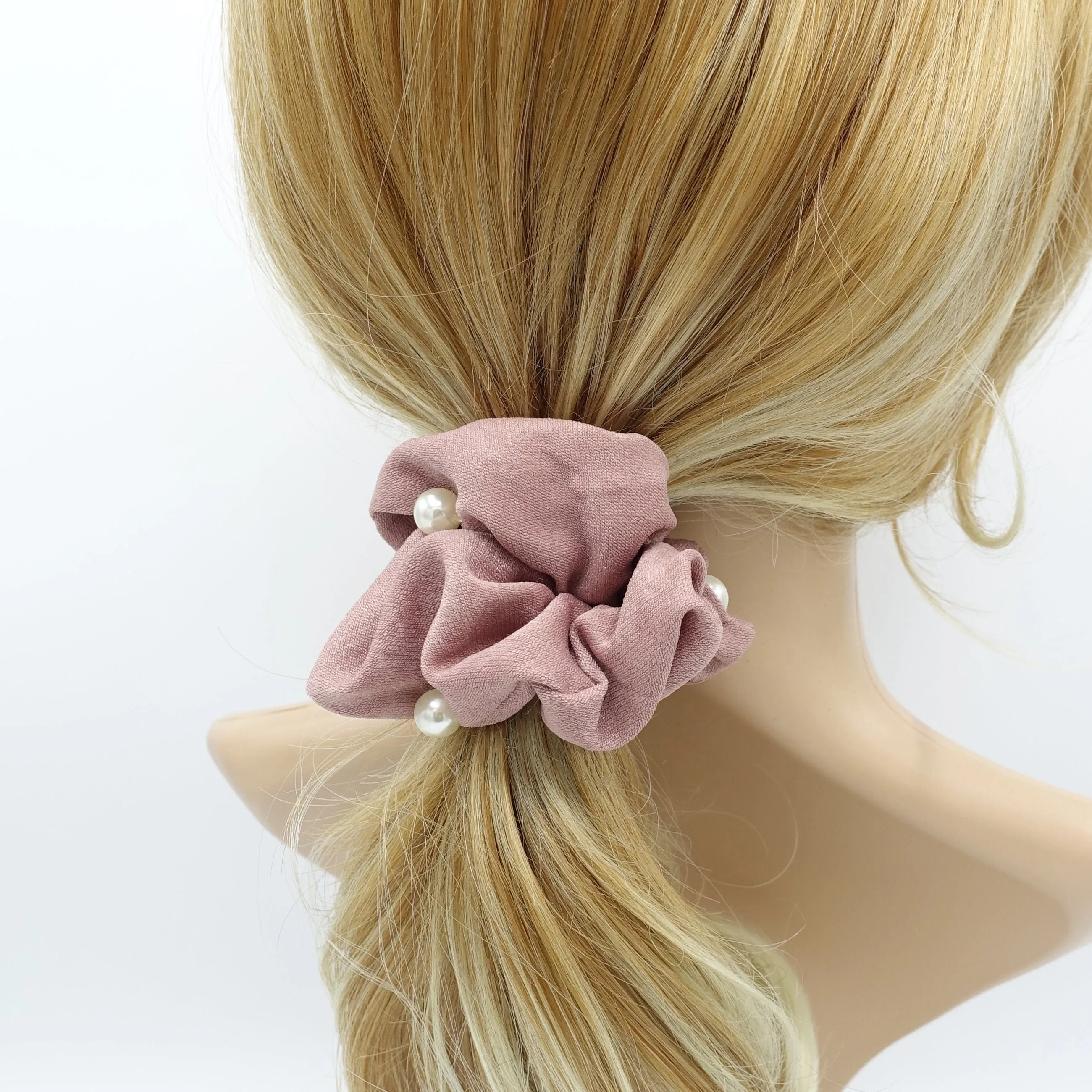 pearl attached glossy scrunchies women hair accessory
