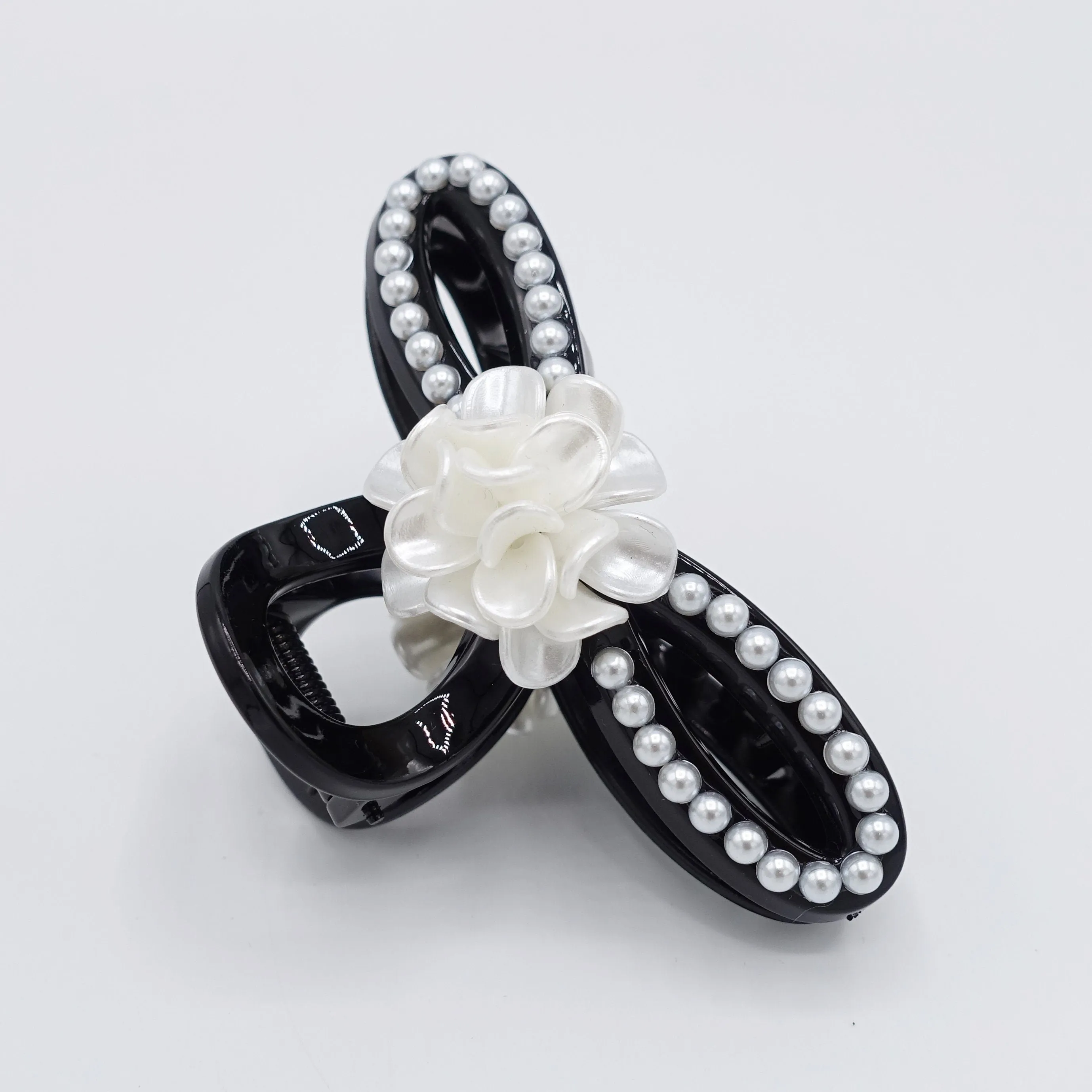 pearl hair claw, pearl flower embellished hair claw for women