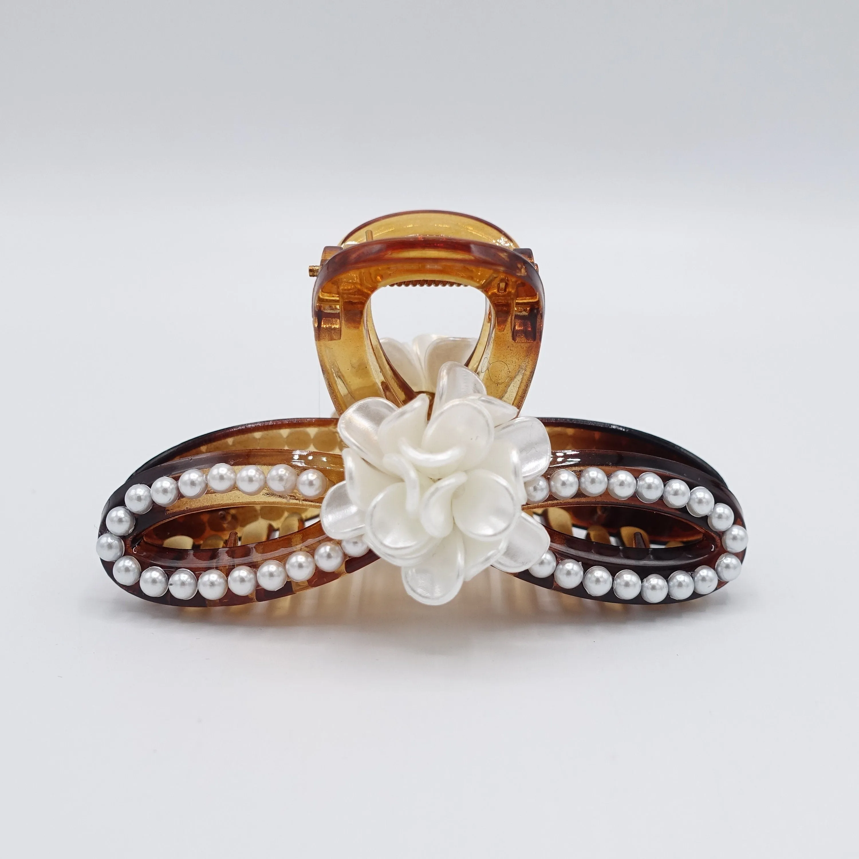 pearl hair claw, pearl flower embellished hair claw for women