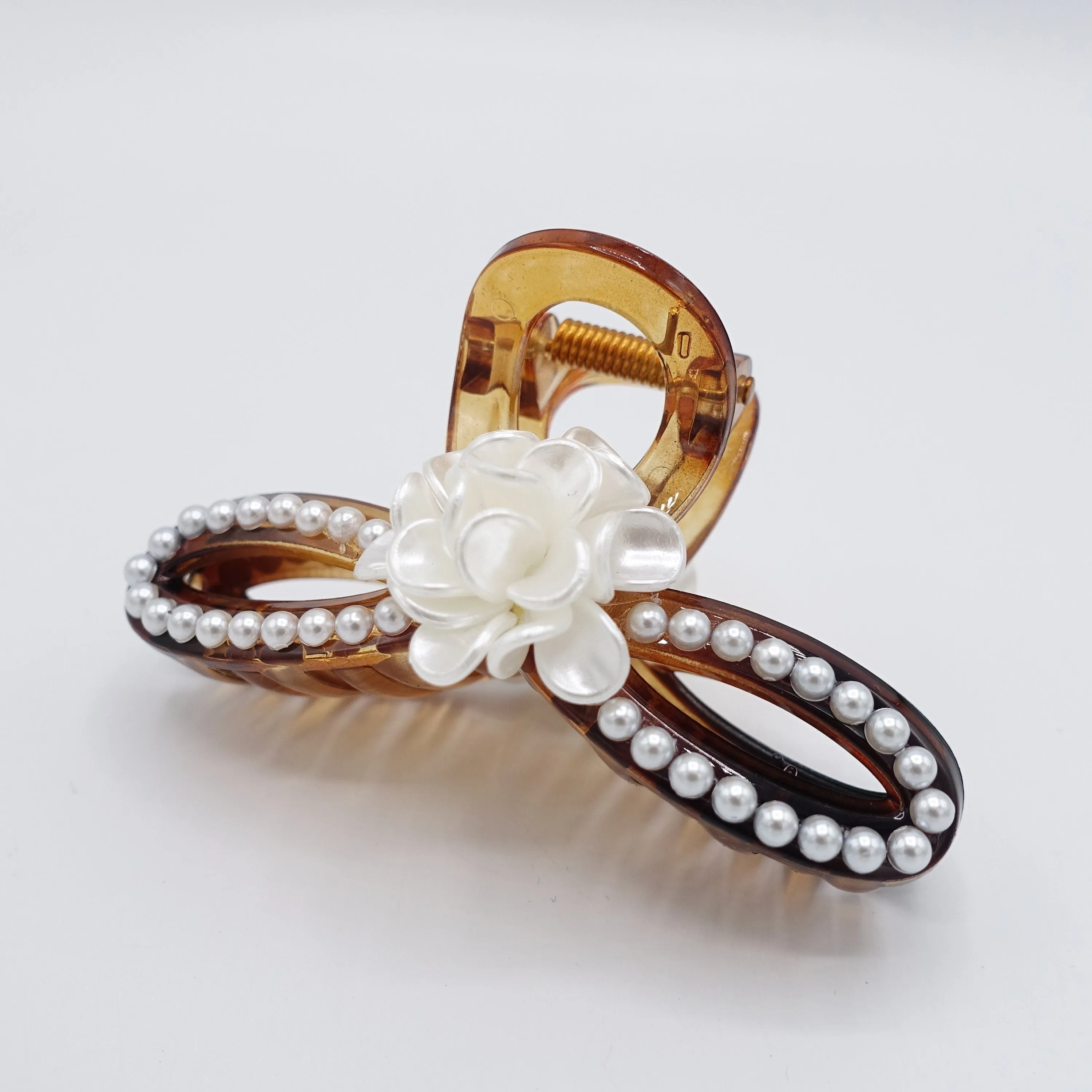 pearl hair claw, pearl flower embellished hair claw for women