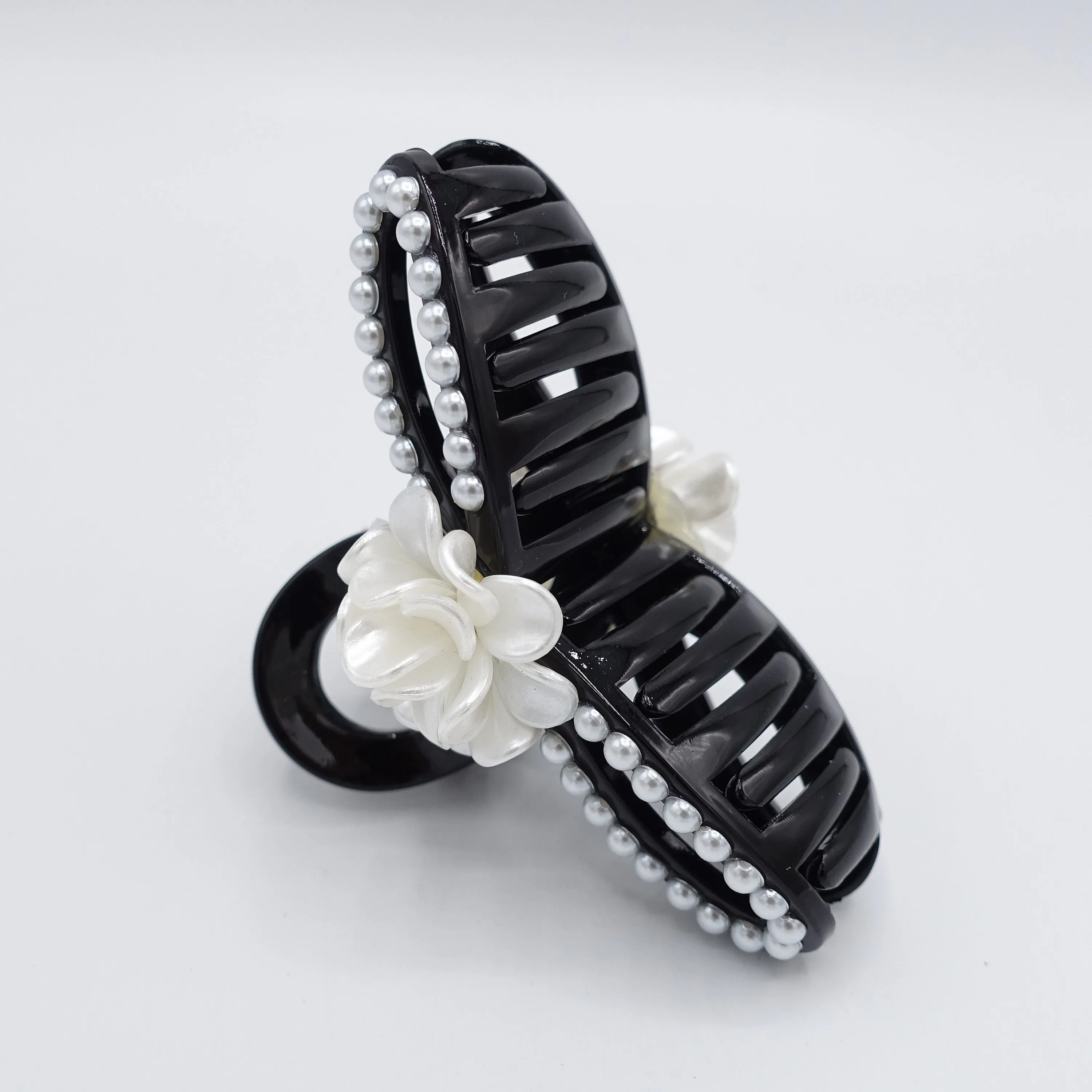 pearl hair claw, pearl flower embellished hair claw for women
