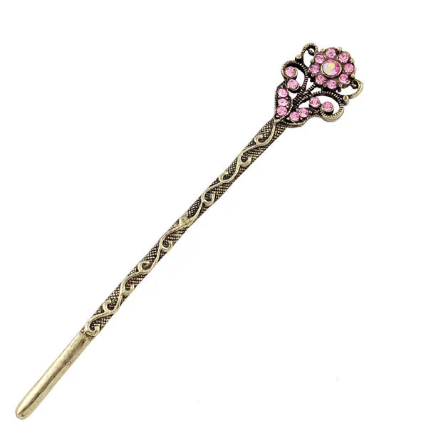 Rhinestone Antique Brass Finish Double-Sided Floral Hair Stick