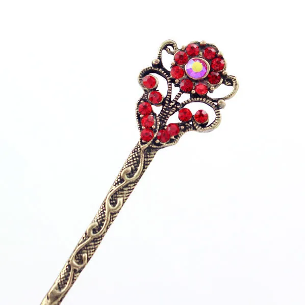 Rhinestone Antique Brass Finish Double-Sided Floral Hair Stick
