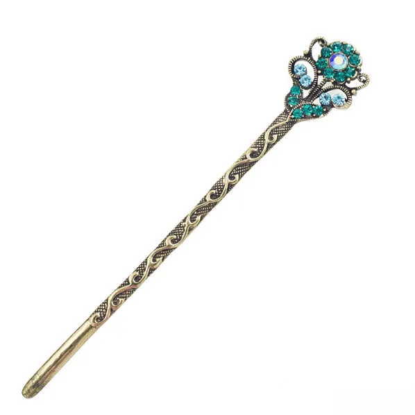 Rhinestone Antique Brass Finish Double-Sided Floral Hair Stick