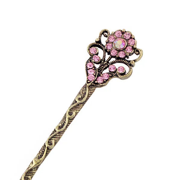 Rhinestone Antique Brass Finish Double-Sided Floral Hair Stick