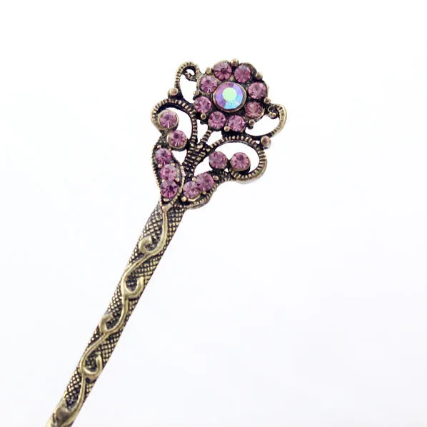 Rhinestone Antique Brass Finish Double-Sided Floral Hair Stick