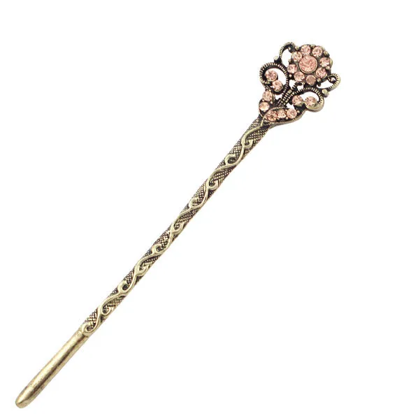 Rhinestone Antique Brass Finish Double-Sided Floral Hair Stick