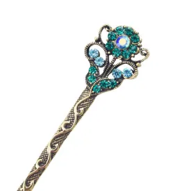 Rhinestone Antique Brass Finish Double-Sided Floral Hair Stick