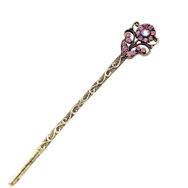 Rhinestone Antique Brass Finish Double-Sided Floral Hair Stick