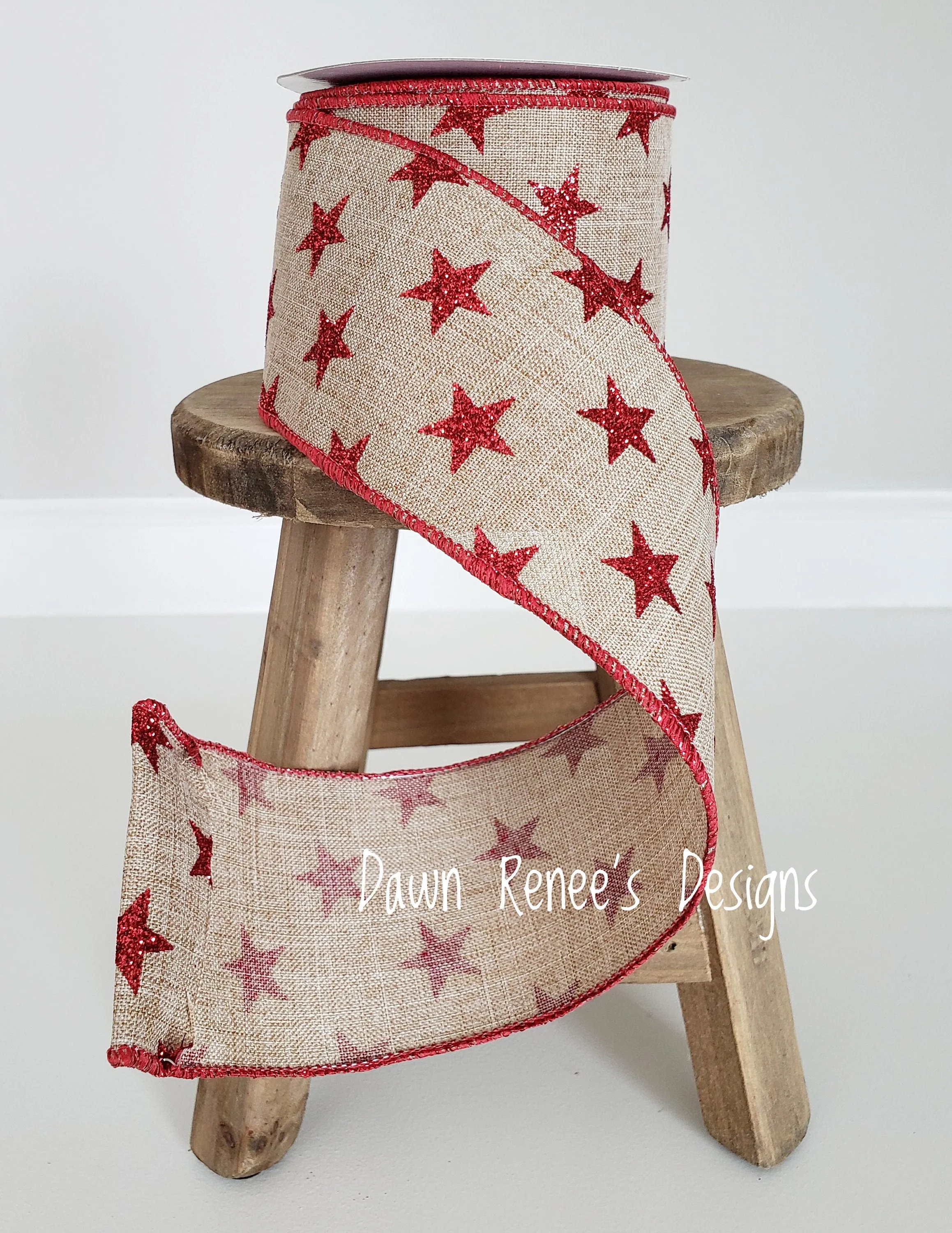 Tan Red Americana Wired Ribbon, Red Stars 2.5" RGA1110C5