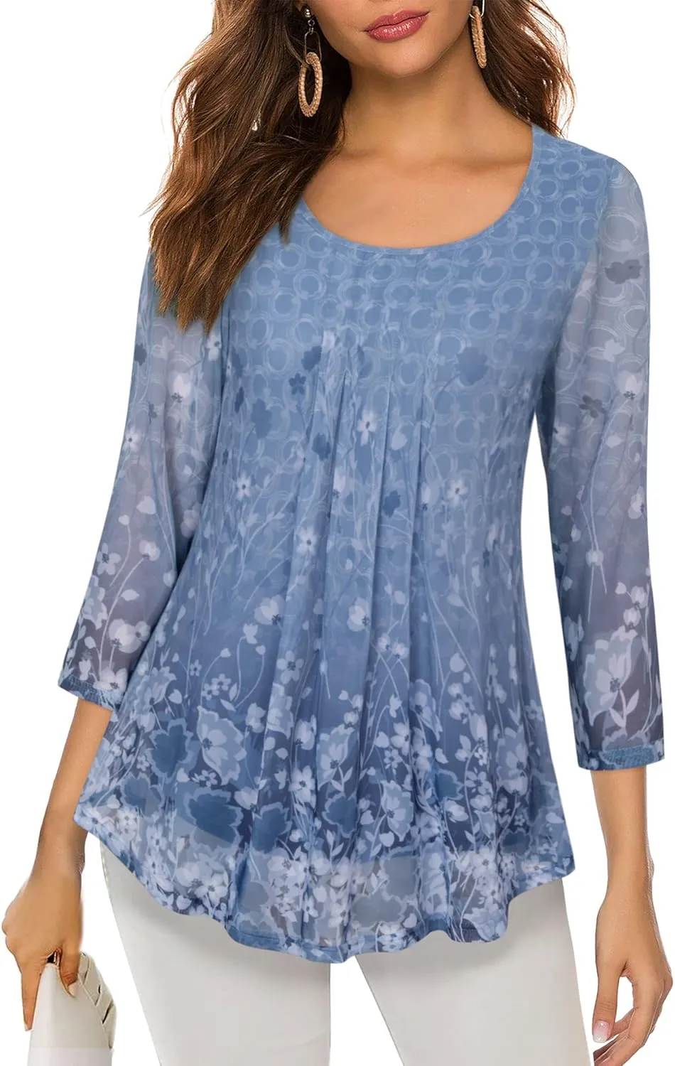 VALOLIA Women's 3/4 Sleeve Tunic Tops Casual Loose Fit Floral Blouses Mesh Pleated Layered Shirt