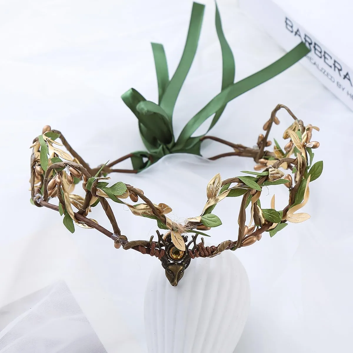 Vivivalue Golden Fairy Crown Flower Headband Floral Hair Wreath Even Headpiece Woodland Forest Circlet for Women Girls Halloween Renaissance Wedding Bridal Cosplay Prom Photo Props