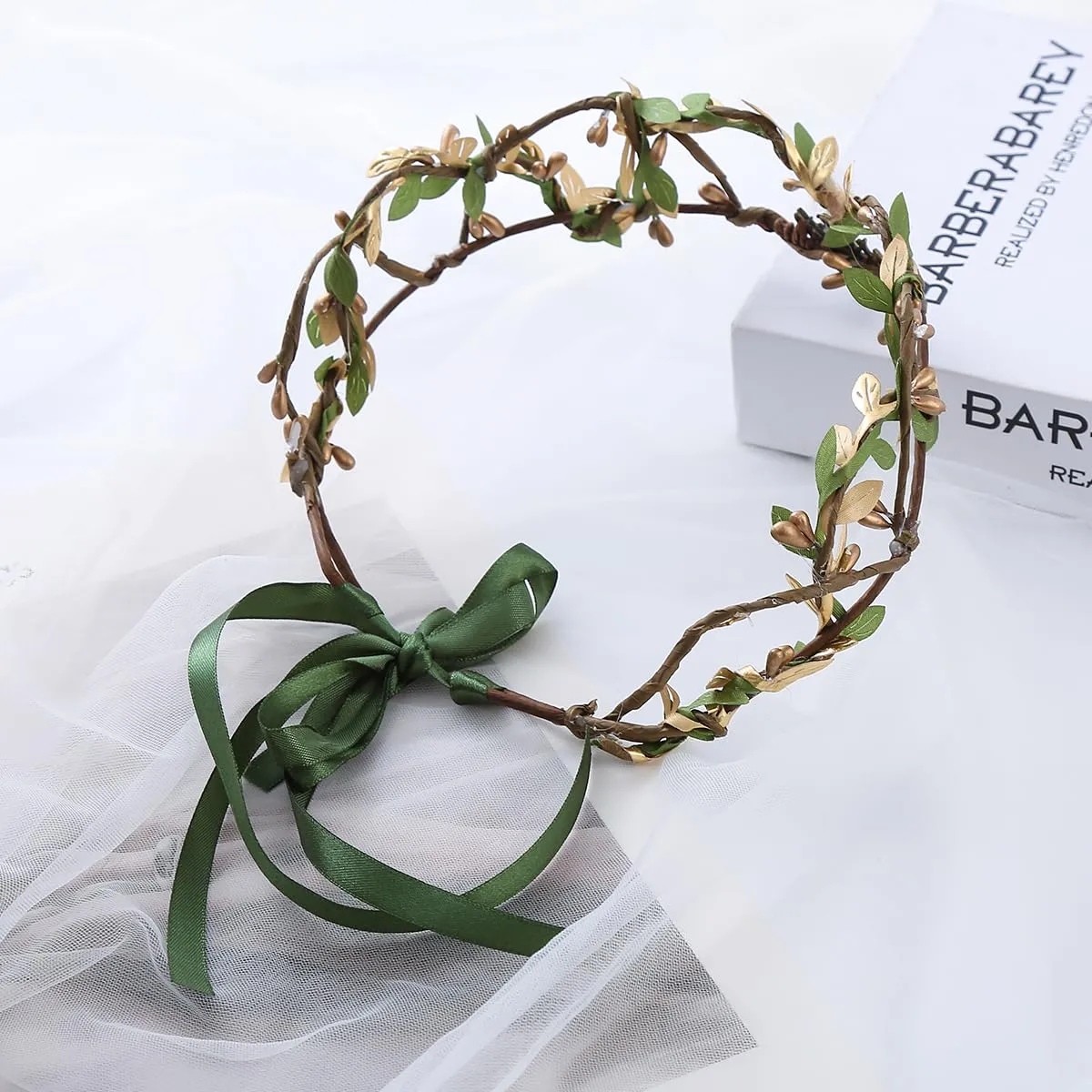 Vivivalue Golden Fairy Crown Flower Headband Floral Hair Wreath Even Headpiece Woodland Forest Circlet for Women Girls Halloween Renaissance Wedding Bridal Cosplay Prom Photo Props