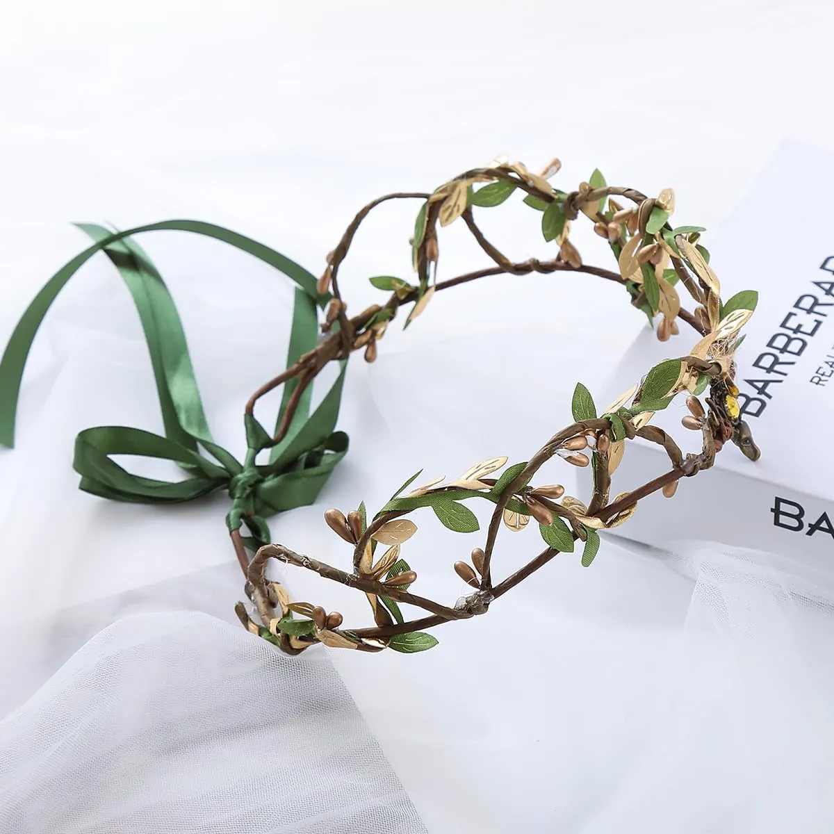 Vivivalue Golden Fairy Crown Flower Headband Floral Hair Wreath Even Headpiece Woodland Forest Circlet for Women Girls Halloween Renaissance Wedding Bridal Cosplay Prom Photo Props