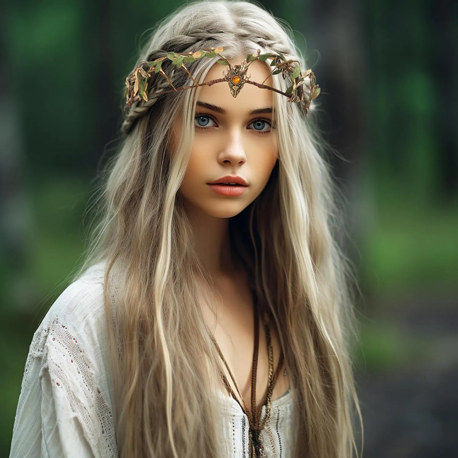Vivivalue Golden Fairy Crown Flower Headband Floral Hair Wreath Even Headpiece Woodland Forest Circlet for Women Girls Halloween Renaissance Wedding Bridal Cosplay Prom Photo Props