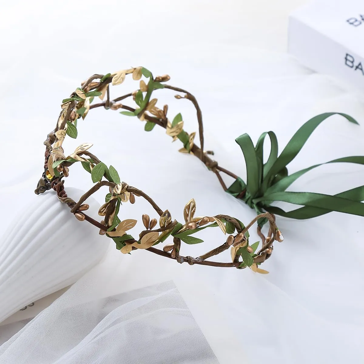 Vivivalue Golden Fairy Crown Flower Headband Floral Hair Wreath Even Headpiece Woodland Forest Circlet for Women Girls Halloween Renaissance Wedding Bridal Cosplay Prom Photo Props