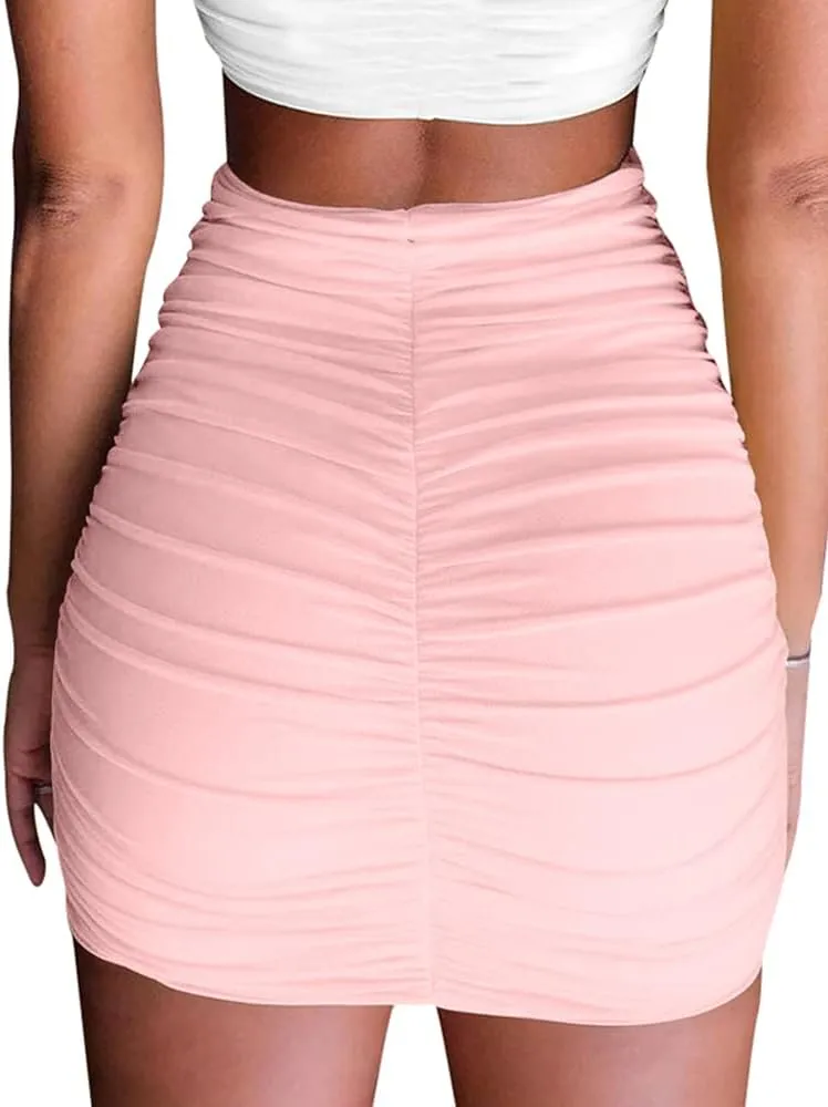 Women's Stretch High Waist Ruched Bodycon Double Layer Casual Mini Skirt