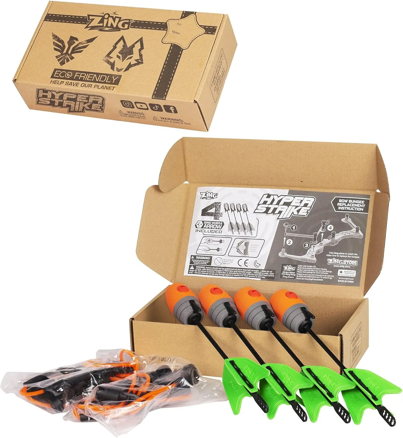 Zing HyperStrike Bow Bungee Replacement and Arrow Refill Pack - Includes 2 Green HyperStrike Bungee Sets and 4 Blue Zonic Whistling Arrows, Launches up to 250 Feet (Orange Arrows   Orange Bungees)