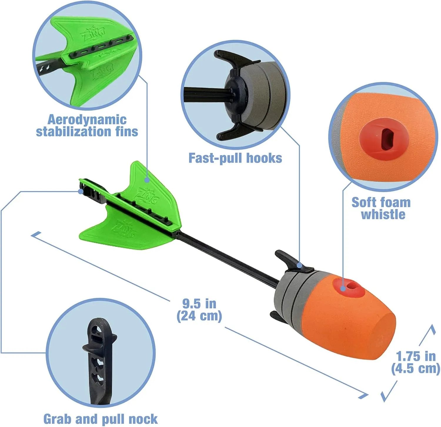 Zing HyperStrike Bow Bungee Replacement and Arrow Refill Pack - Includes 2 Green HyperStrike Bungee Sets and 4 Blue Zonic Whistling Arrows, Launches up to 250 Feet (Orange Arrows   Orange Bungees)