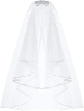 ZIYAN White Double Ribbon Edge Center Cascade Bridal Wedding Veil with Comb